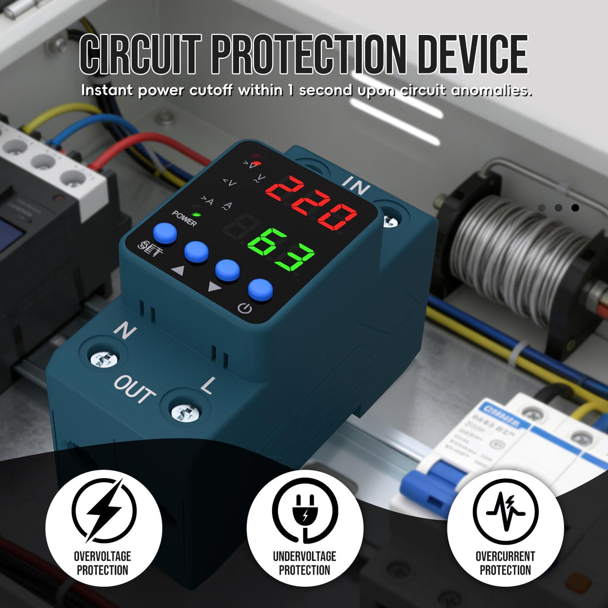 KERWINN smart circuit breaker display shows voltage and current for precise adjustments.