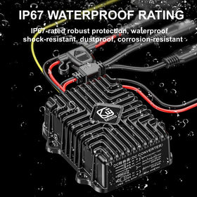 Kewig 12V outputs powering LED lights and radios in outdoor vehicles.