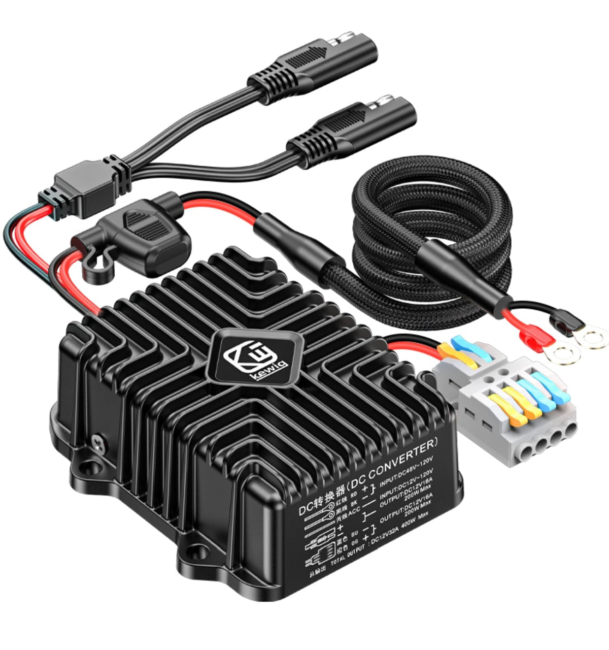 Kewig 400W 32A 12V converter front view powering 12V accessories.