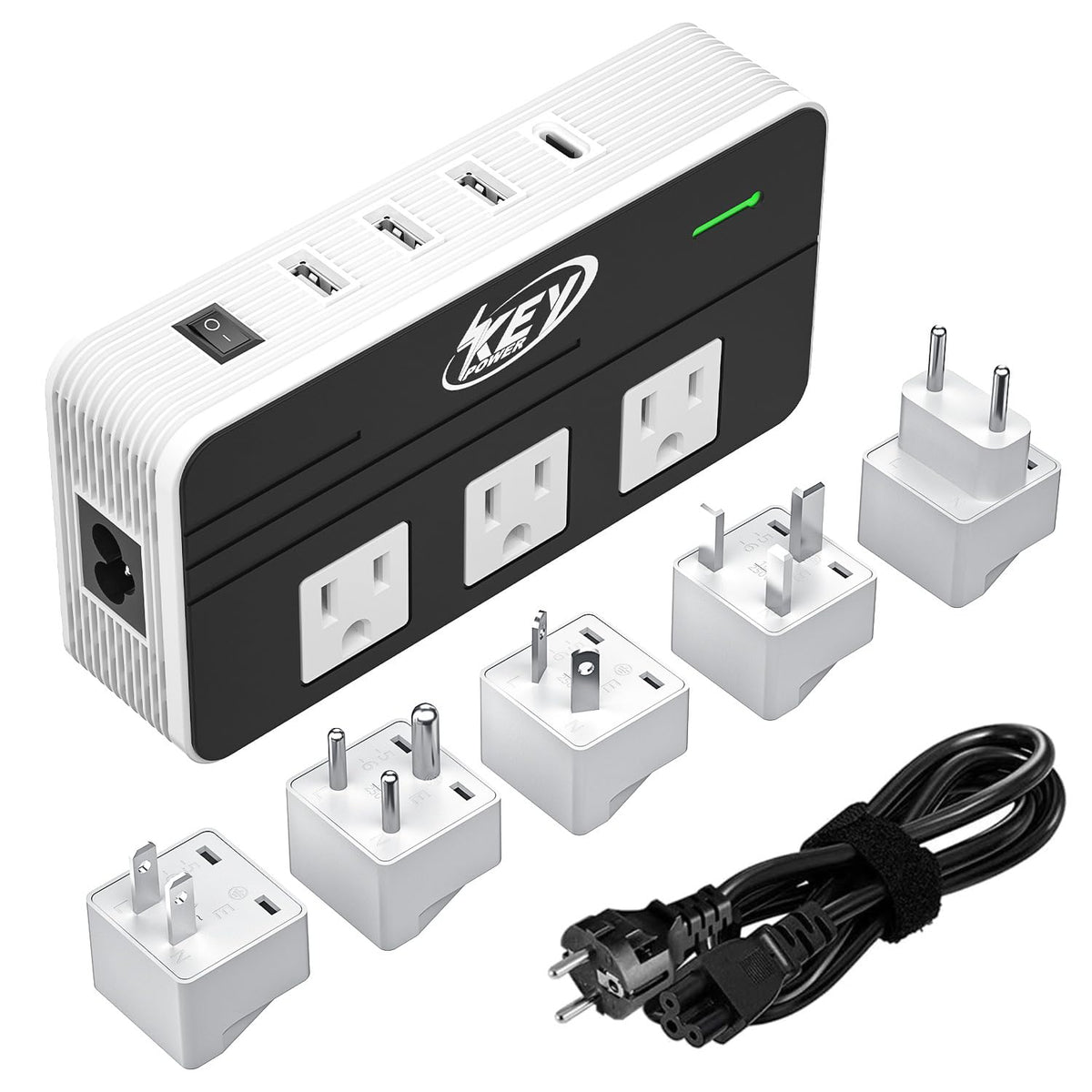 Key Power front view showing multi-socket layout and compact design for travel convenience