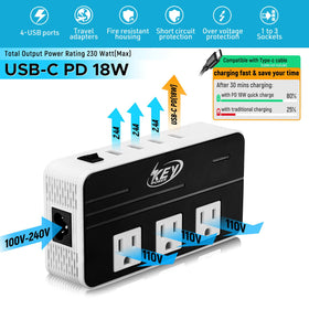 Key Power USB ports close-up with PD 18W USB-C and three USB-A ports for fast charging