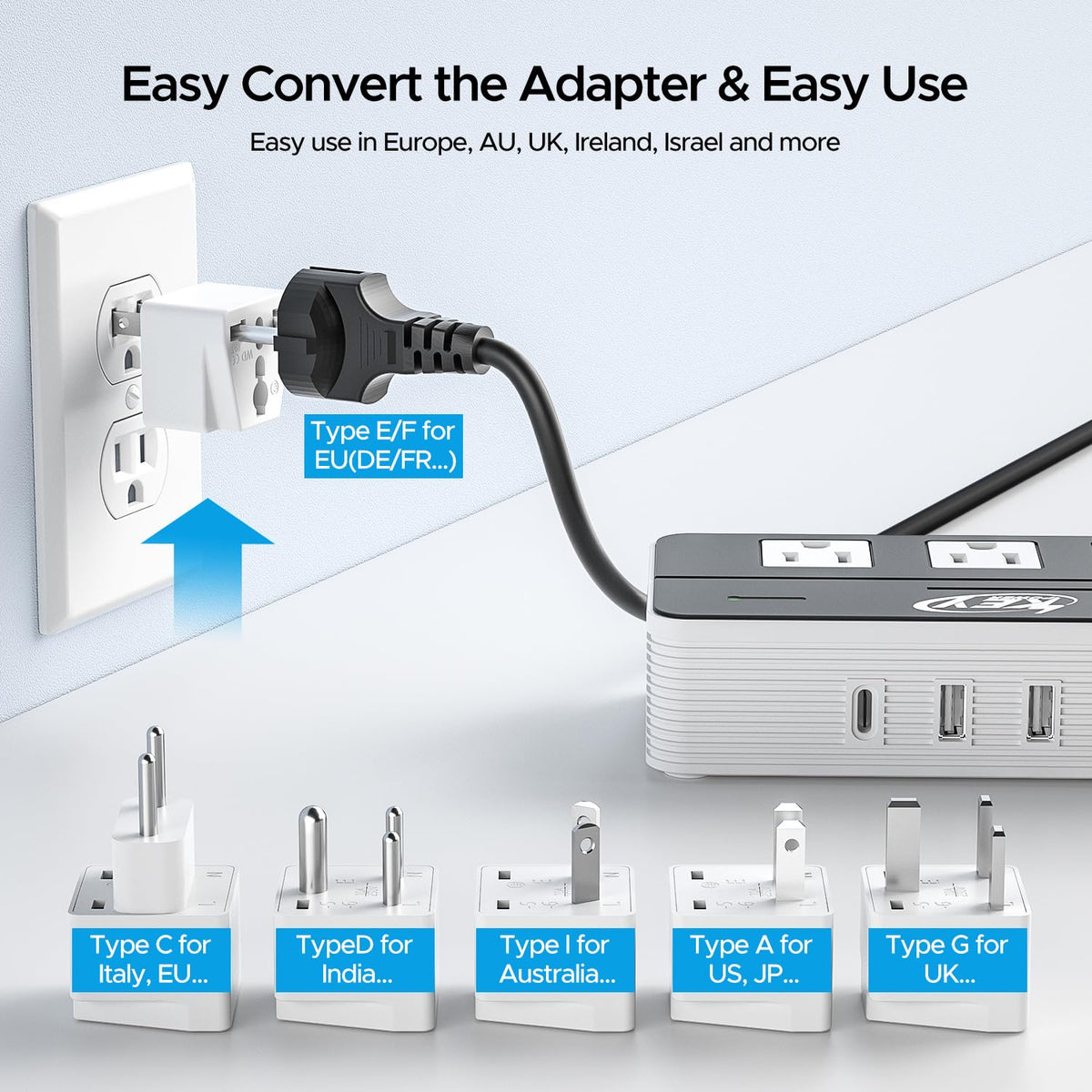 Key Power powering a hair straightener in a hotel setting offering safe overseas use