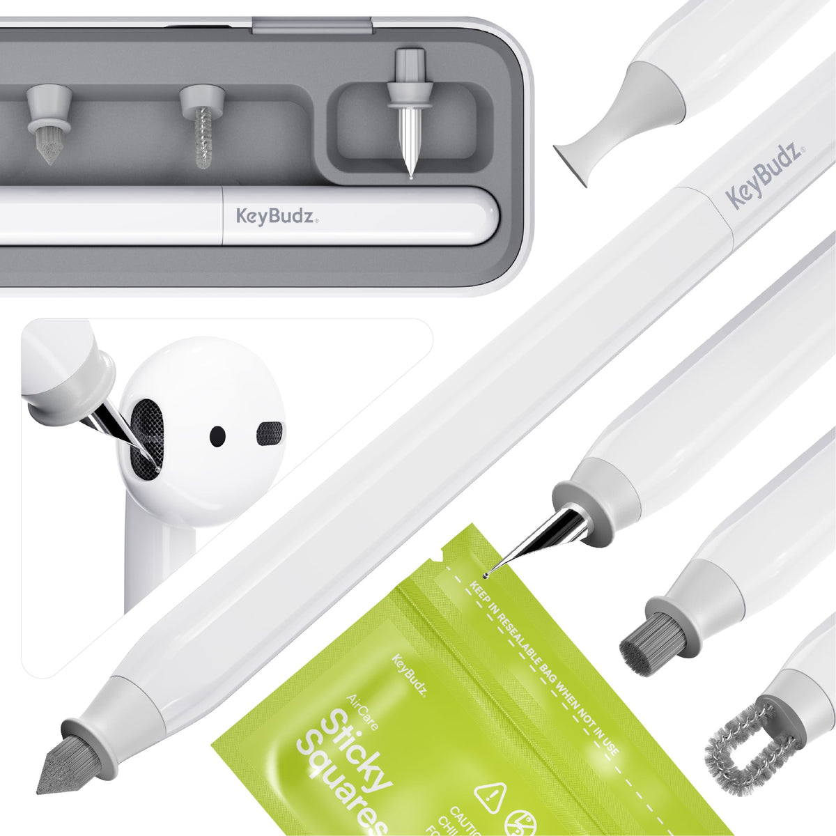 KeyBudz Air Care 2.0 interchangeable tips for precise cleaning on the go.