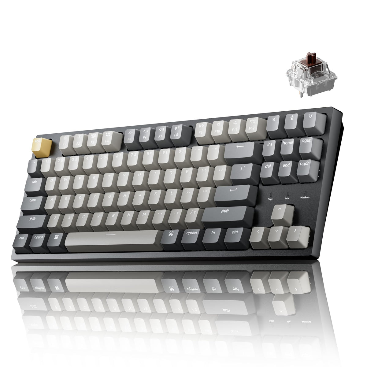 Keychron front view showing TKL layout and sturdy frame, clear desk presence