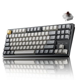 Keychron front view showing TKL layout and sturdy frame, clear desk presence