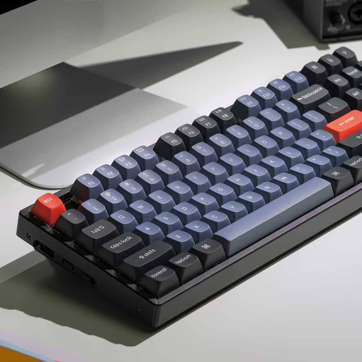 Close-up of Keychron K8 Pro aluminum frame highlighting sturdy build and premium finish