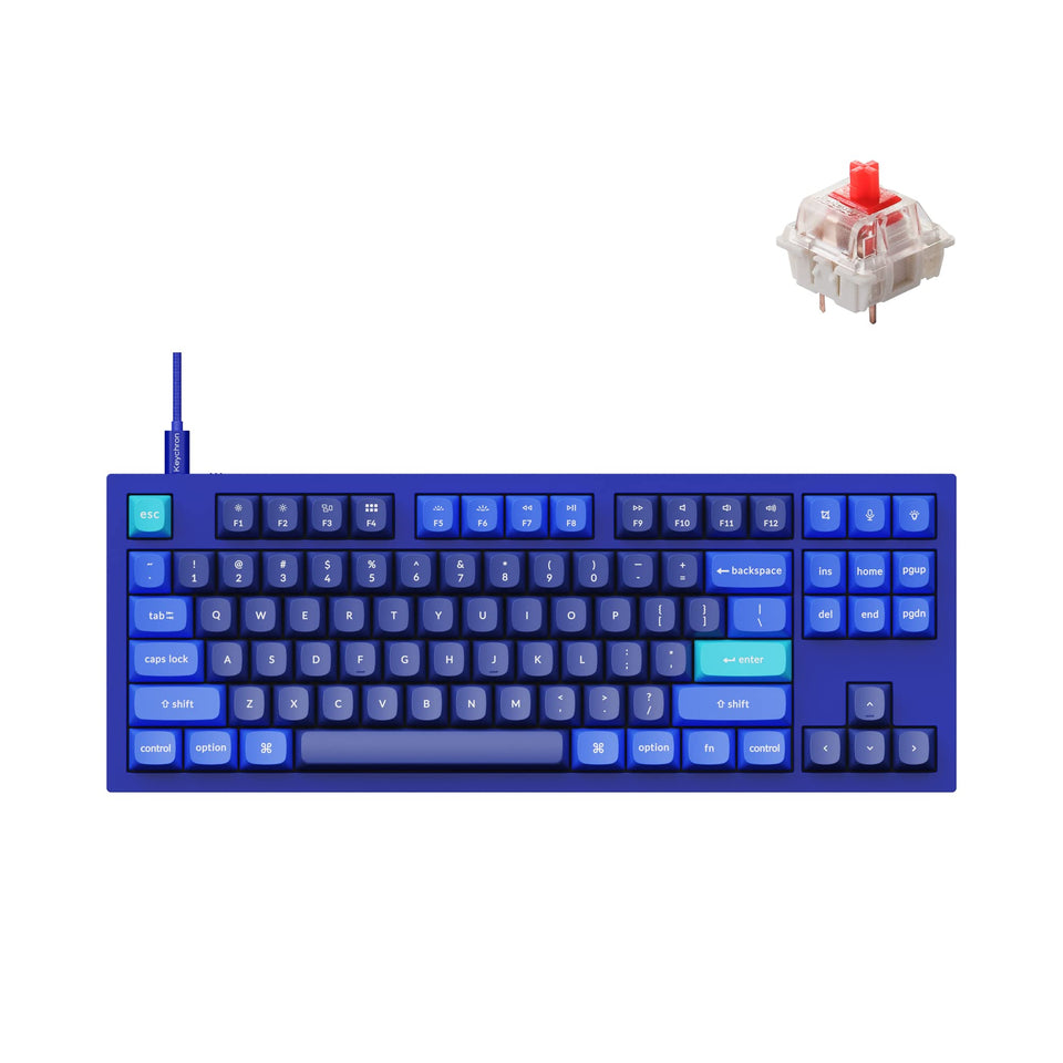 Keychron Q3 87-key RGB keyboard with vibrant backlighting for late-night coding sessions.