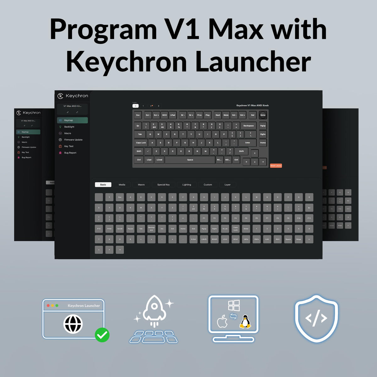Keychron V1 Max hot-swappable keycap close-up highlighting easy switch customization.