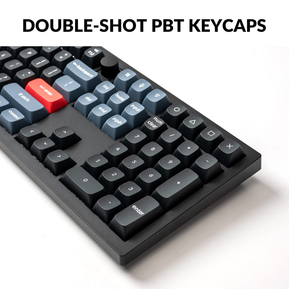 Keychron V6 doubleshot PBT keycaps provide crisp, oil-resistant typing feel