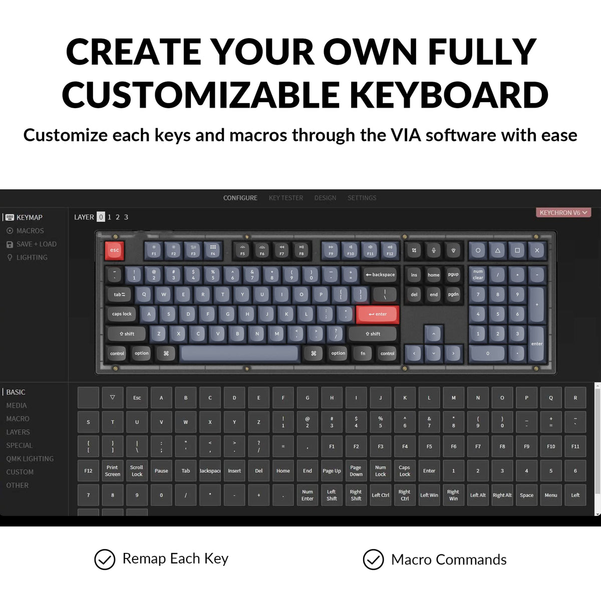 Keychron V6 hot-swappable PCB area for effortless switch changes without soldering