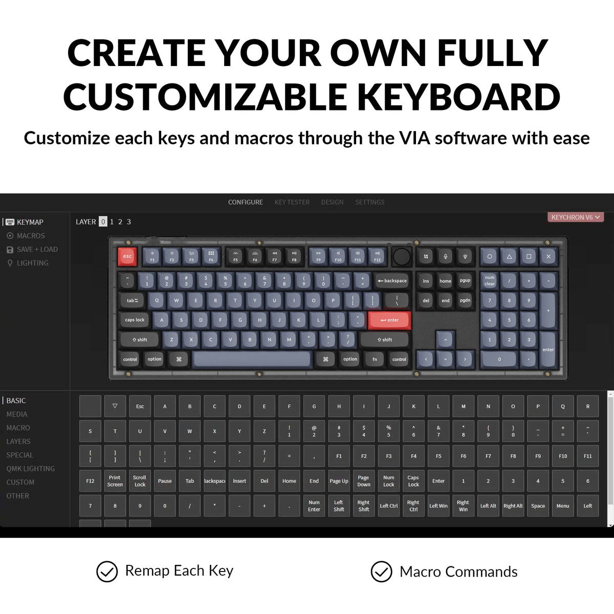 Keychron V6 hot-swappable switches close-up emphasizing customization without soldering