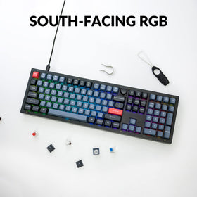 Keychron V6 south-facing RGB backlight illuminating keys from typist's angle