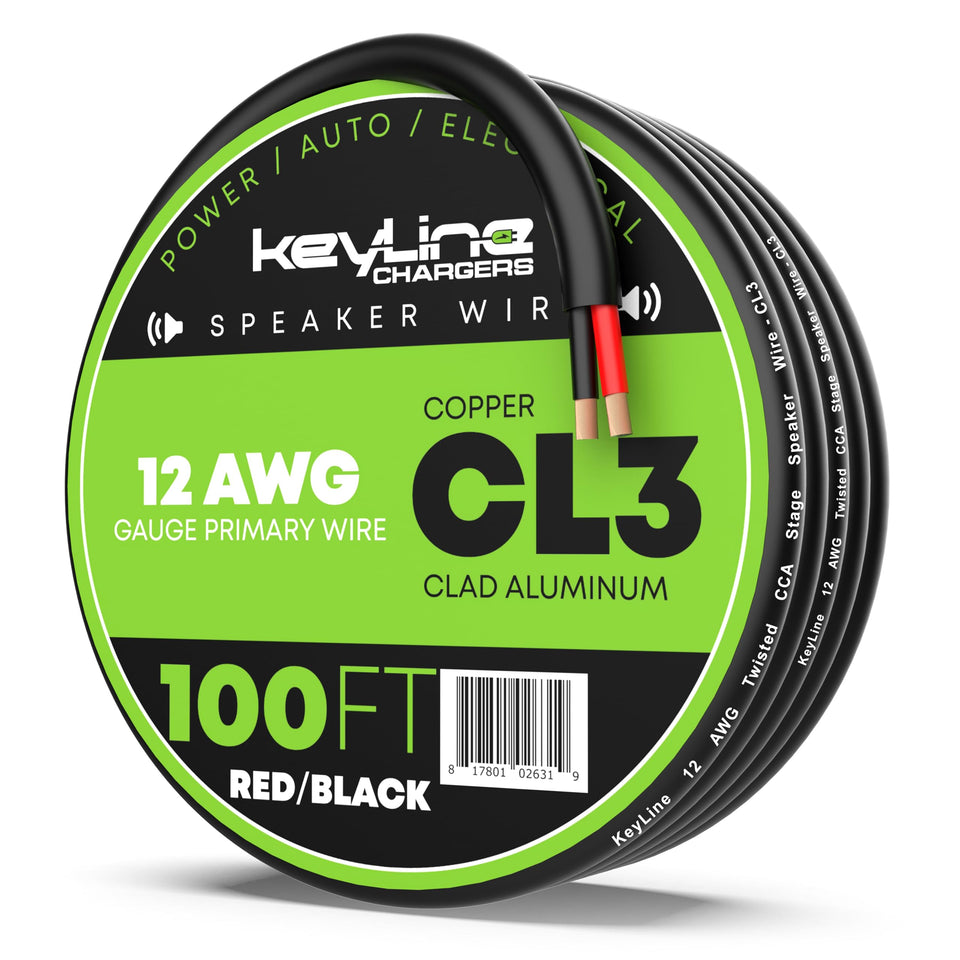 KeyLine Chargers spool front view showing 100ft and labeling benefit of capacity