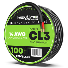 KeyLine Chargers front packaging shows 100ft black 14 AWG speaker wire and clear labeling for installers