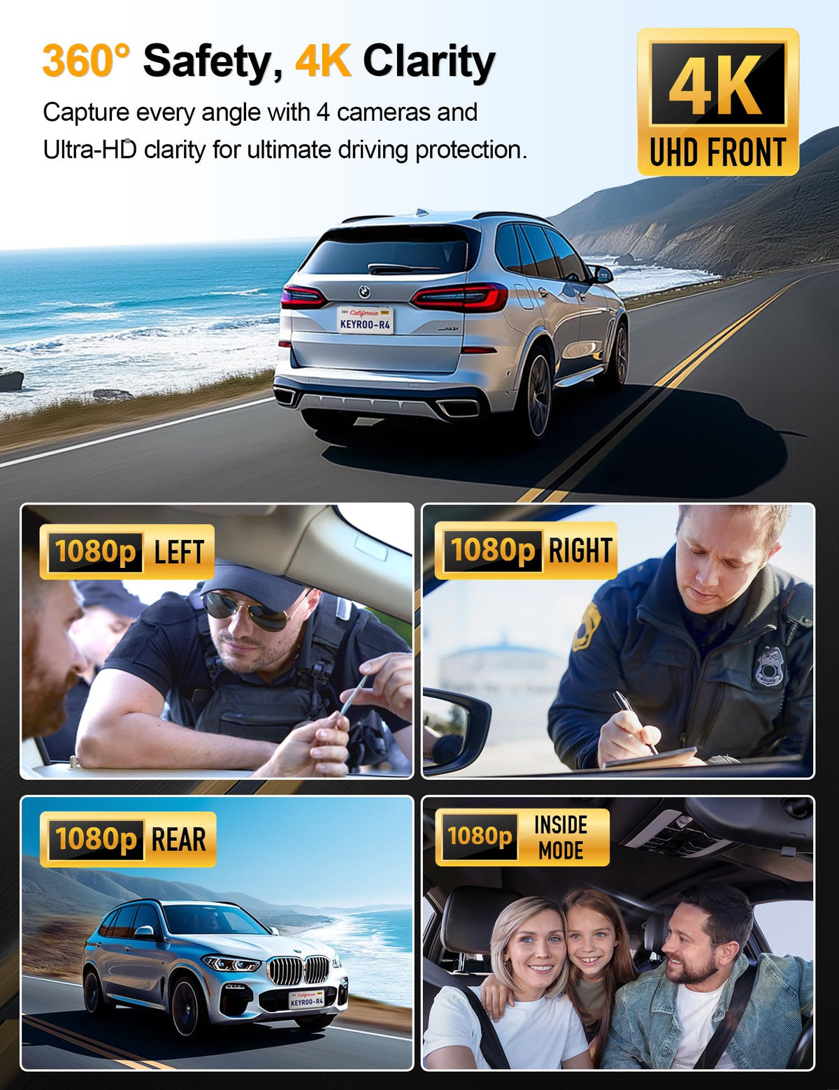 KeyROO R4 rear camera captures 1080p for rear visibility