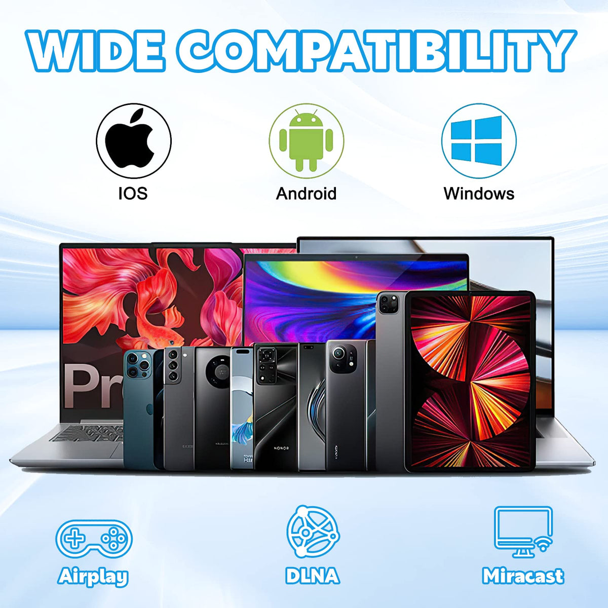 Kezwuna supports AirPlay, Miracast, DLNA for iOS, Android, Mac, and Windows devices