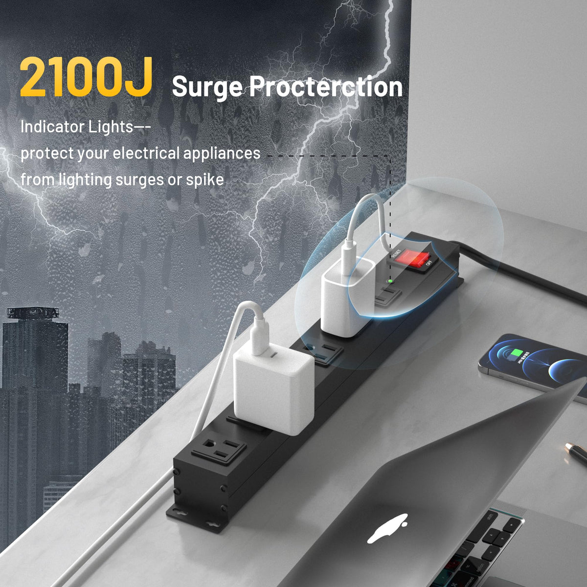 KF 2100J surge protector safeguarding devices from surges and spikes during storms.