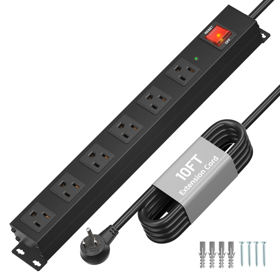 KF 6-outlet wall-mount power strip installed on a wall for tidy, accessible outlets.