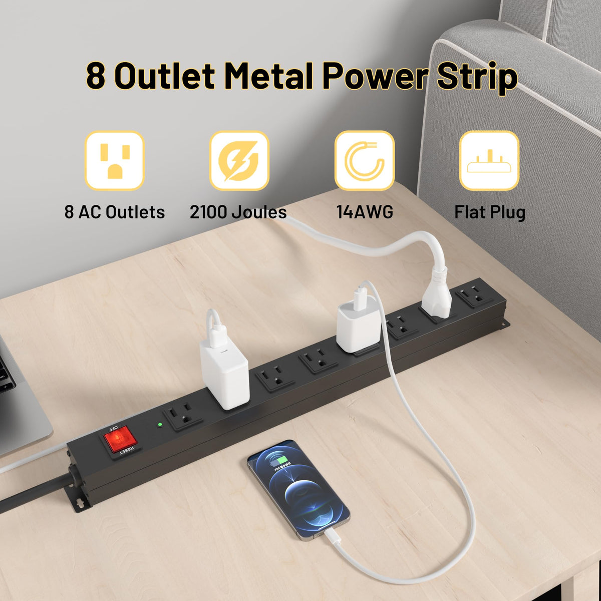 KF 8-outlet metal body close-up highlighting durable construction