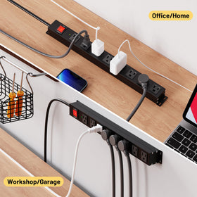 KF 8-outlet power strip placed under a desk for organized setup