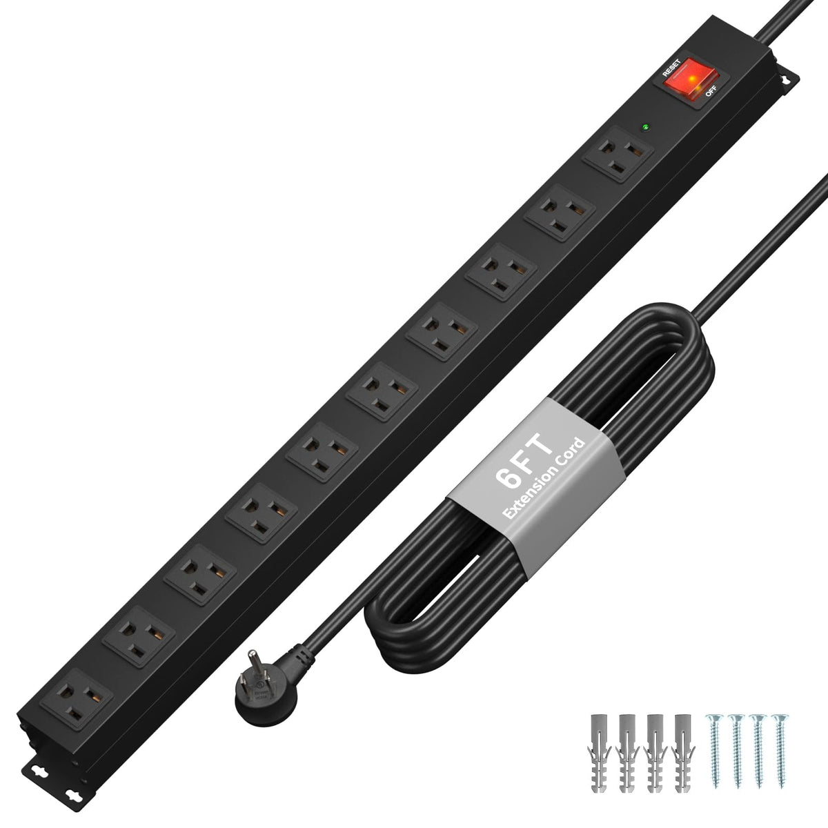 KF front view metal power strip showing ten outlets and durable build for secure power