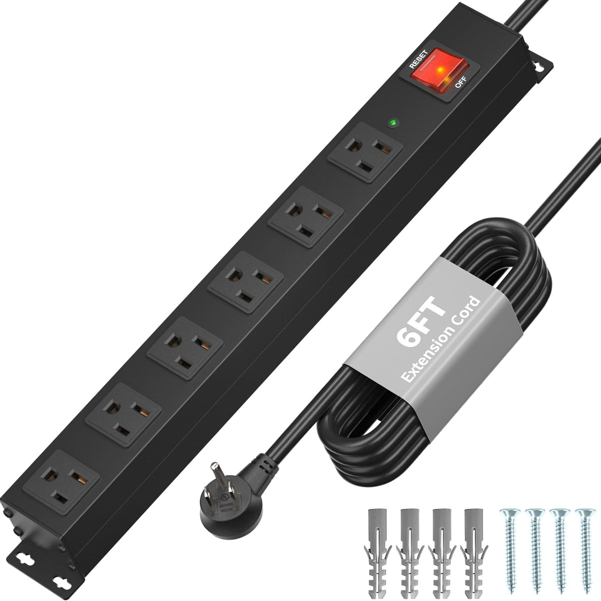 KF Matel 6-outlet power strip with metal housing and wide spacing for bulky adapters.