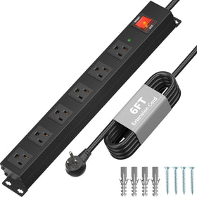 KF Matel 6-outlet power strip with metal housing and wide spacing for bulky adapters.