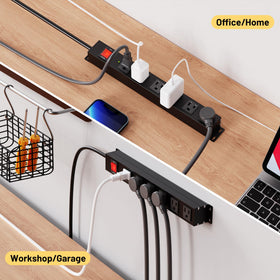 KF Matel wall-mountable power strip keeps spaces organized and tidy.