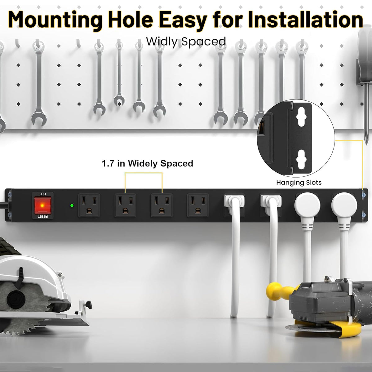 KF durable metal power strip suited for garage or workshop environments