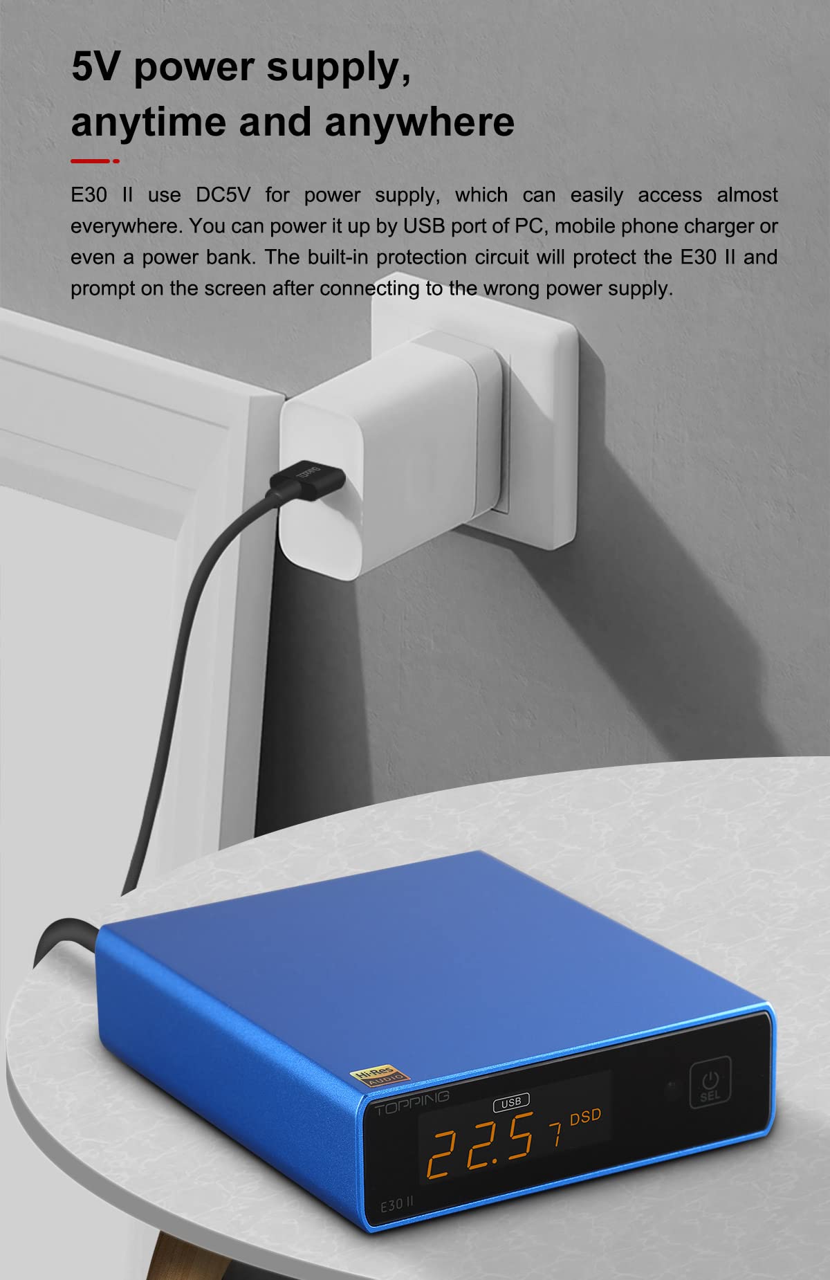 KGUSS Topping E30 II DAC back ports highlighting input connections for USB, coaxial, and optical