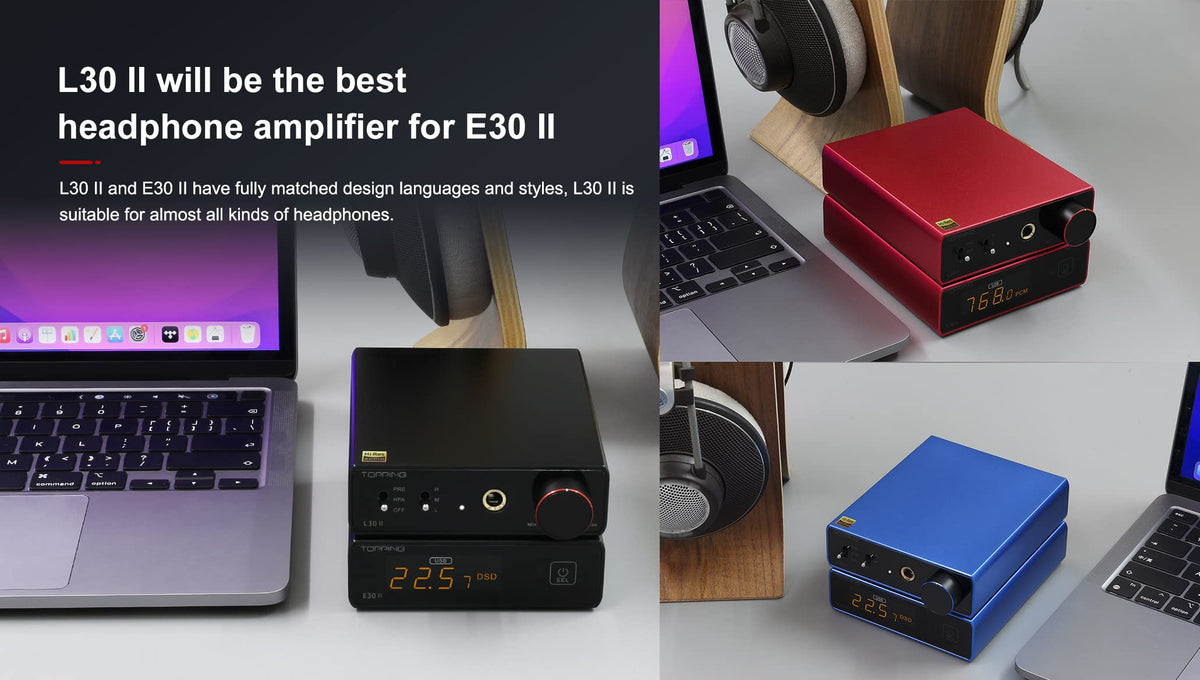 KGUSS Topping E30 II DAC on a desk setup illustrating versatile placement and use