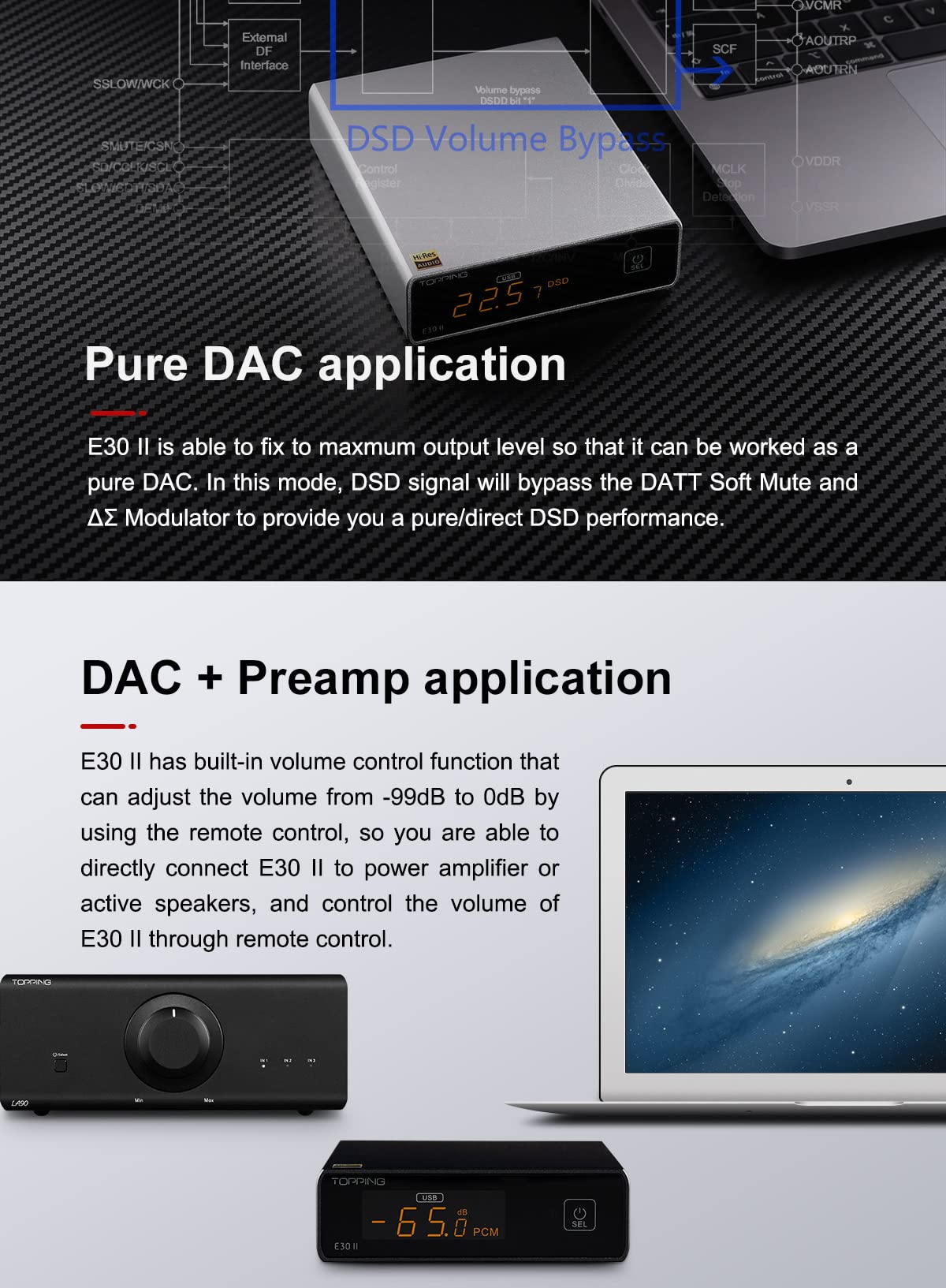 KGUSS Topping E30 II DSD Direct mode enables faithful DSD playback.