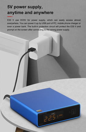 KGUSS Topping E30 II packaging and power accessories pictured for quick setup.