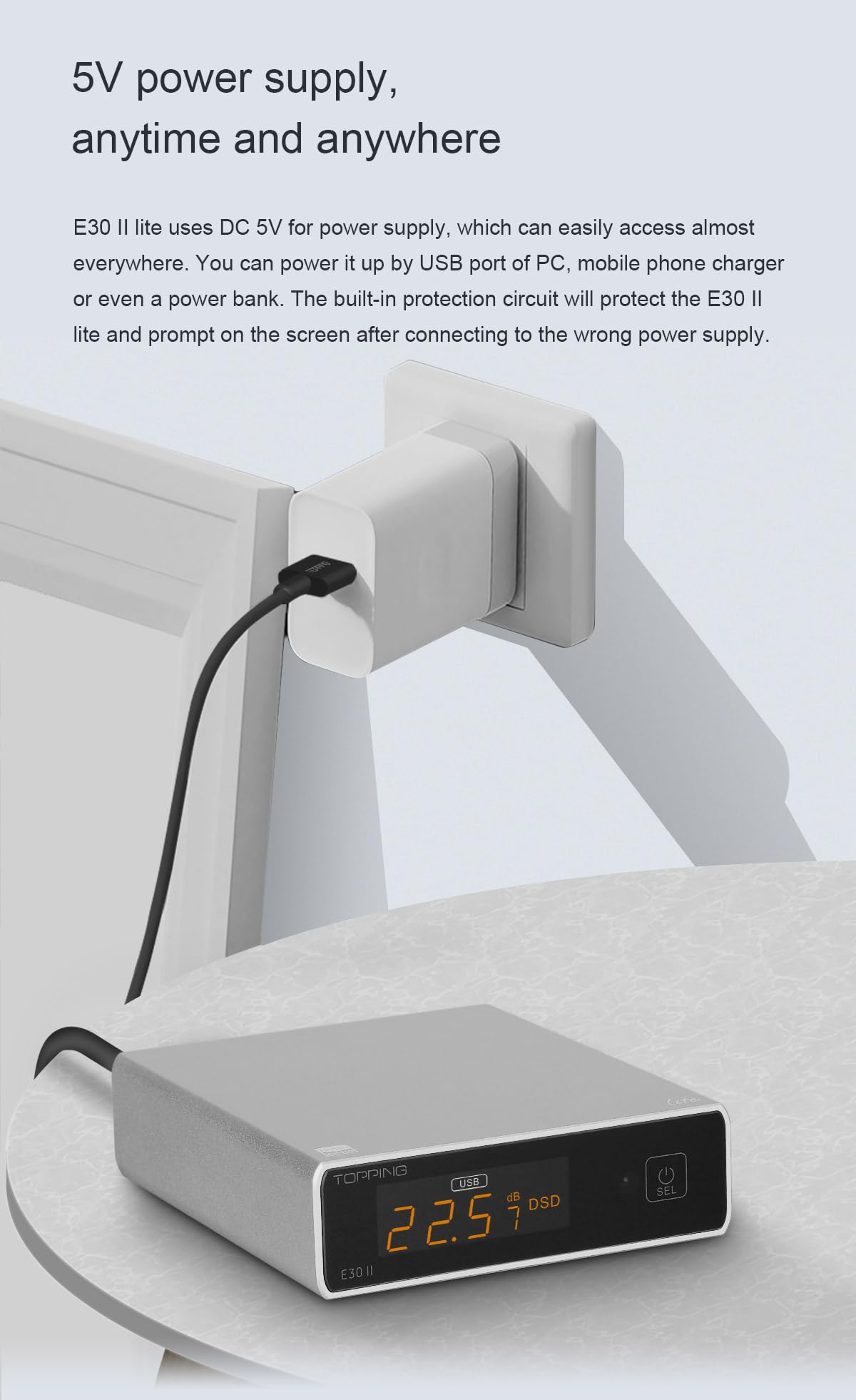 KGUSS Topping E30II lite beside a smartphone showing compact size advantage
