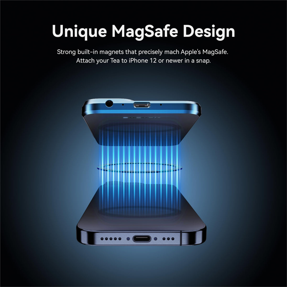 Khadas Tea attached to back of phone for easy MagSafe compatibility.
