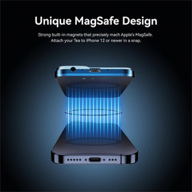 Khadas Tea attached to back of phone for easy MagSafe compatibility.