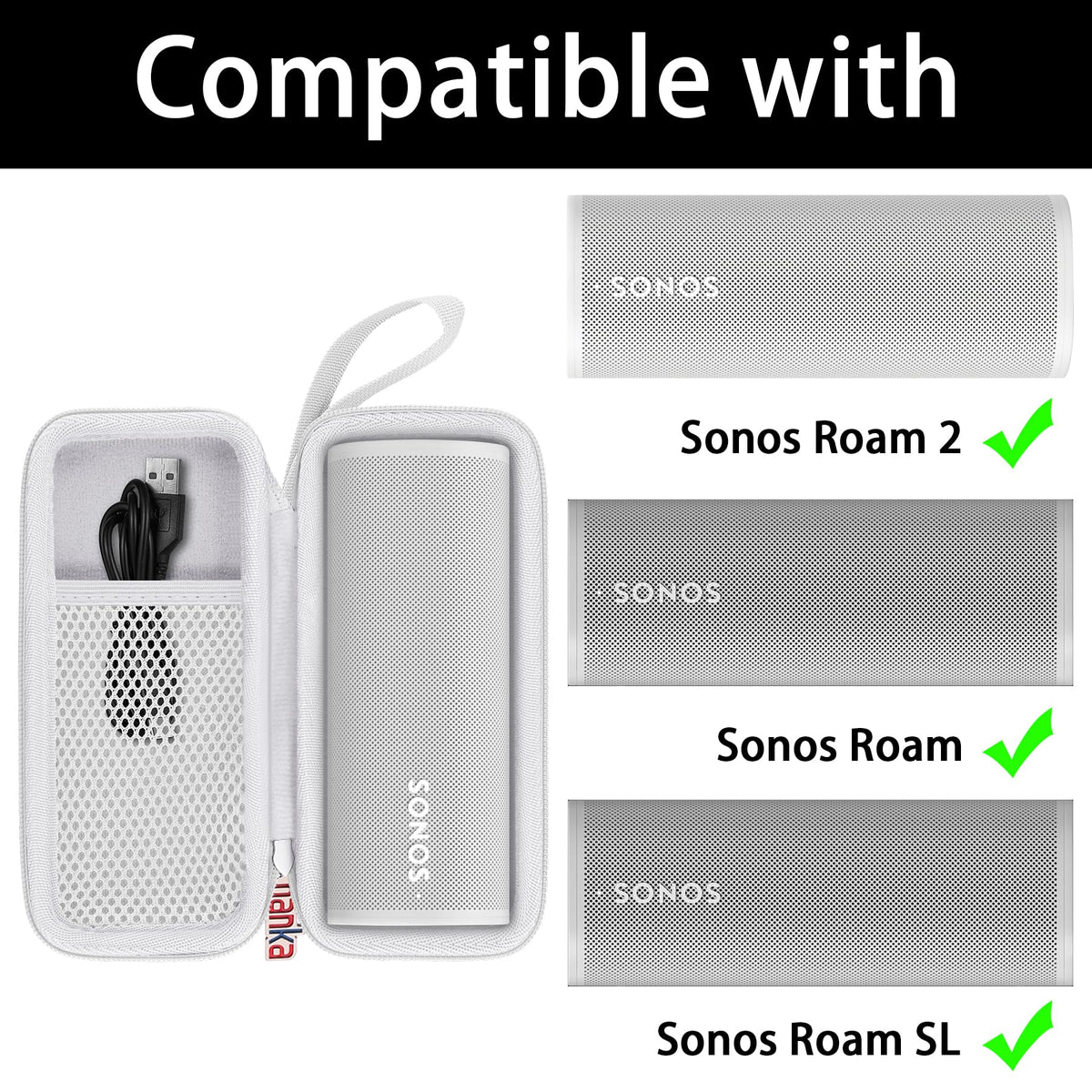 Khanka hard travel case for Sonos Roam 2 exterior white showing rugged protection