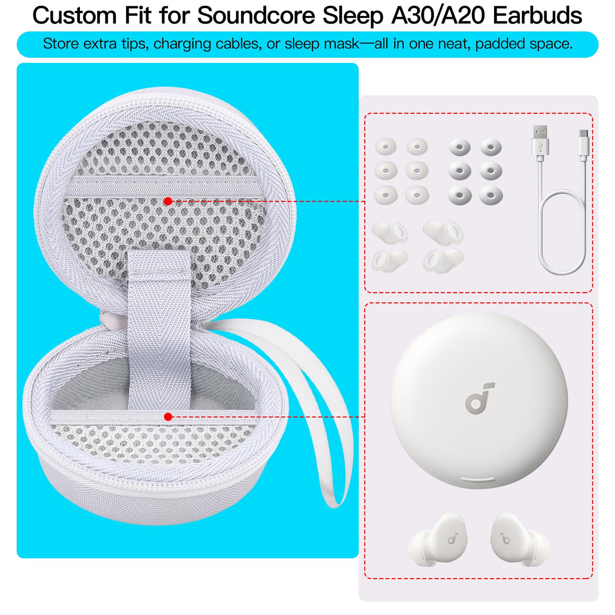 Khanka Soundcore Sleep A30 case mesh pocket stores tips and cables