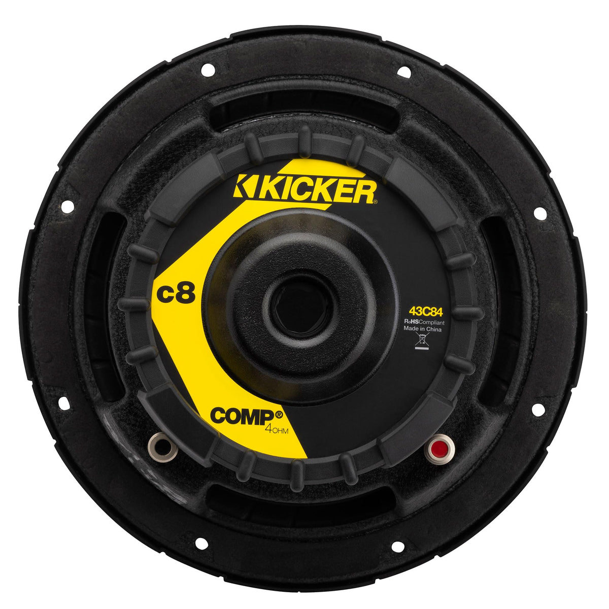 KICKER 43C84 basket-stamped-steel view emphasizes stability under harsh bass transients.