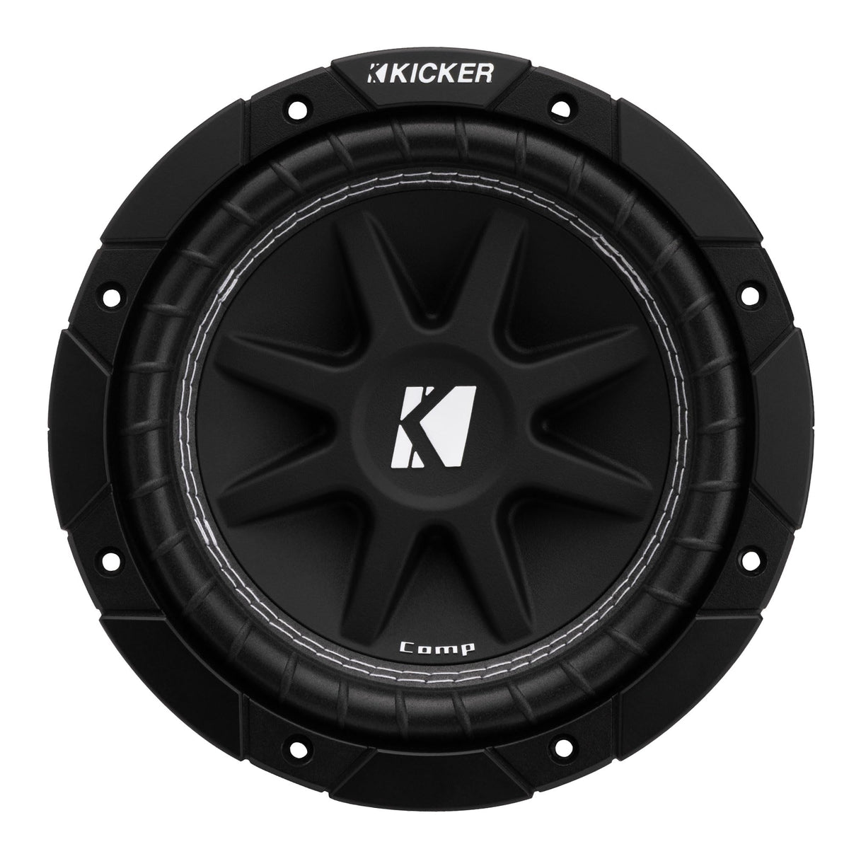 KICKER 43C84 surround-uv close-up highlights durable ribbed surround for longevity and strong bass response.
