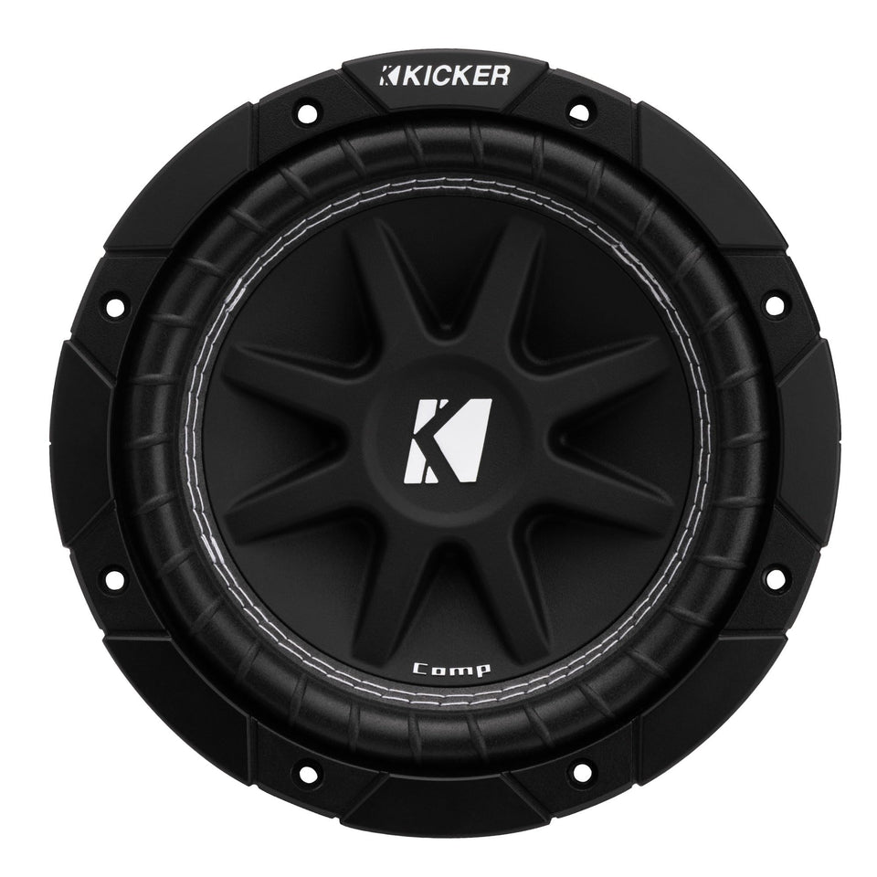 KICKER 43C84 surround-uv close-up highlights durable ribbed surround for longevity and strong bass response.