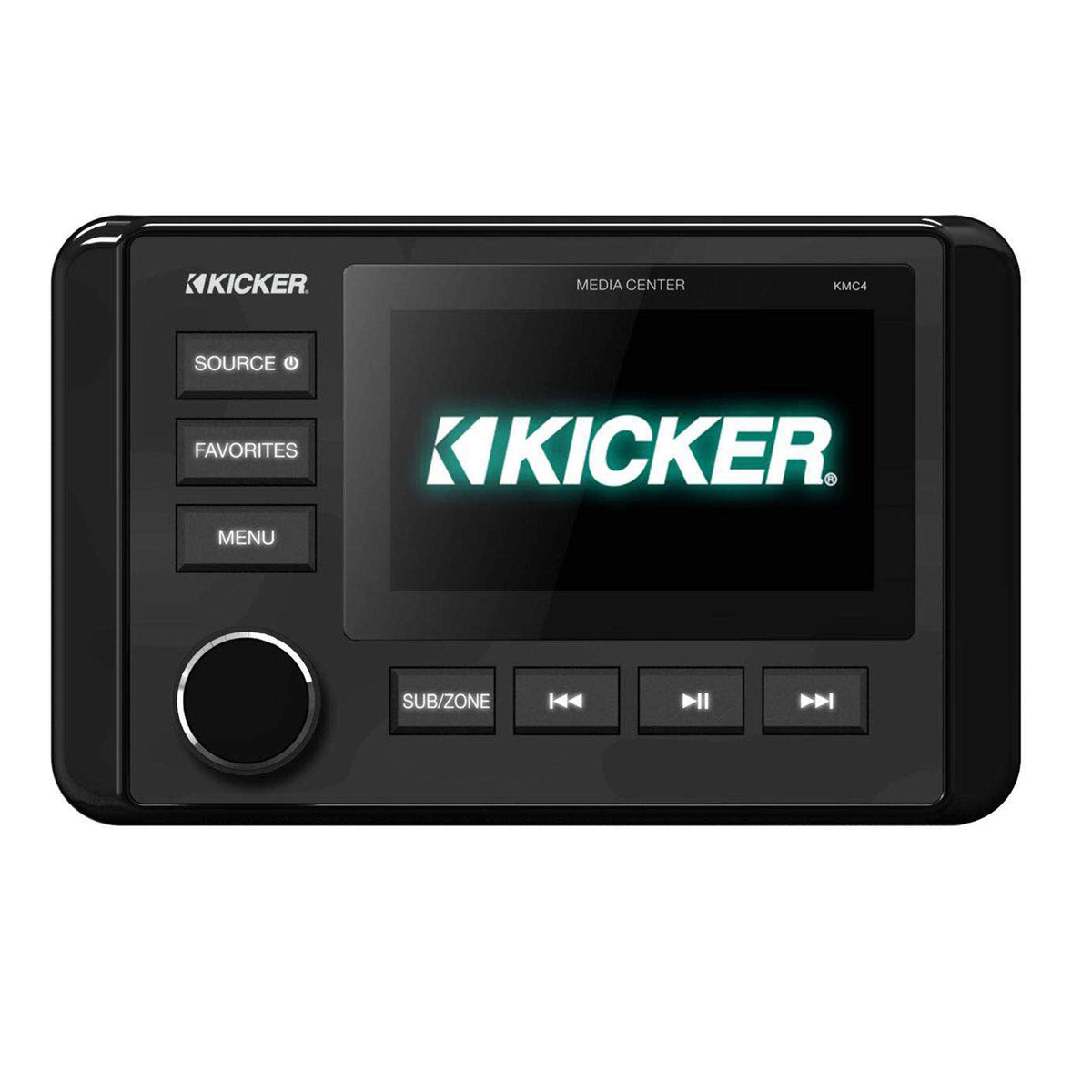 KICKER 46KMC4 front view showing rugged gauge-style chassis ideal for outdoor vehicles