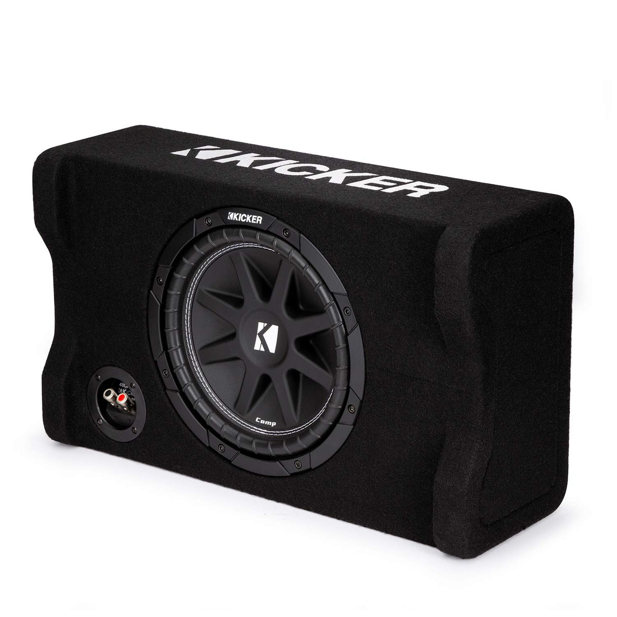 KICKER 48CDF104 Comp 10-inch subwoofer in a down-firing enclosure delivers compact room-friendly bass.