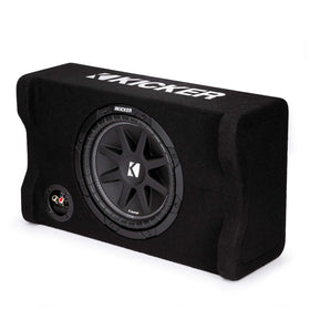 KICKER 48CDF104 Comp 10-inch subwoofer in a down-firing enclosure delivers compact room-friendly bass.
