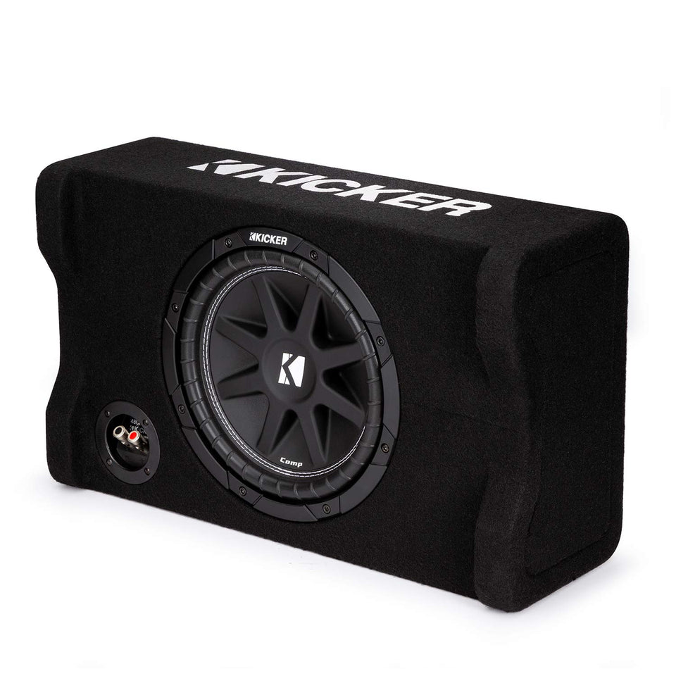 KICKER 48CDF104 Comp 10-inch subwoofer in a down-firing enclosure delivers compact room-friendly bass.