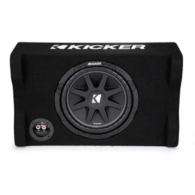 KICKER 48CDF104 Comp 10-inch subwoofer with custom embroidery detail.