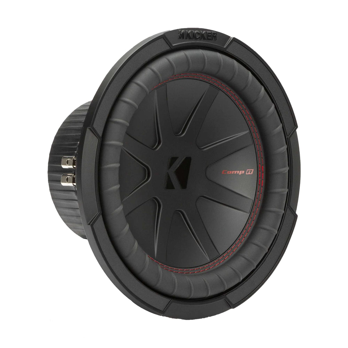 KICKER 48CWR102 CompR 10in subwoofer close-up highlighting large excursion for deep bass
