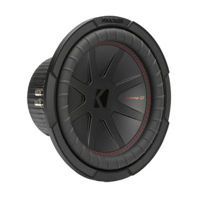 KICKER 48CWR102 CompR 10in subwoofer close-up highlighting large excursion for deep bass