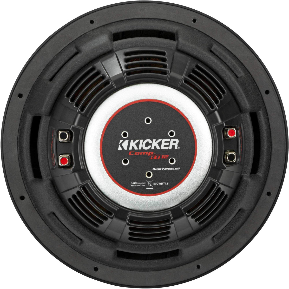 KICKER 48CWRT122 cone detail showing robust woofer construction for deep bass.
