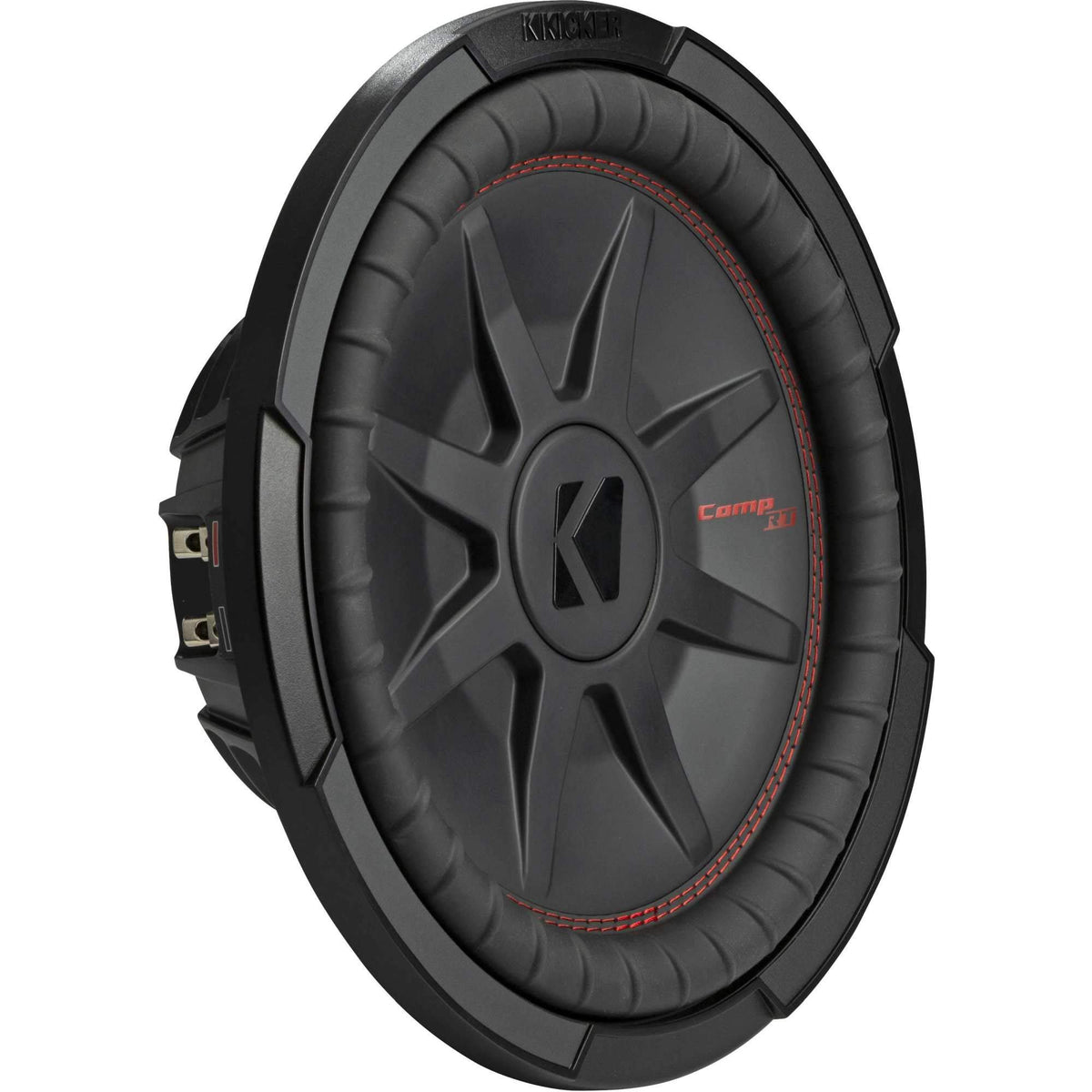 KICKER 48CWRT122 front view highlighting compact, slim-design subwoofer for tight spots.